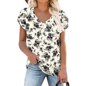 Women White & Floral Tunics Top Short Sleeve V Neck Lightweight Casual T-Shirt
